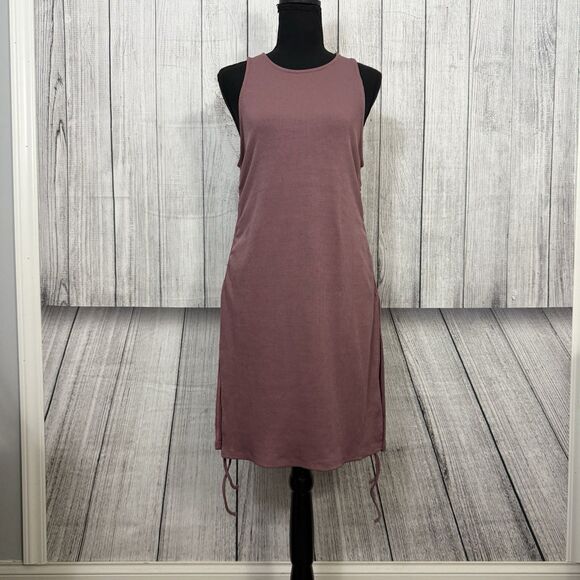 Zara Women's Large Mauve Rib Knit Side Ruched Tie Slit  Bodycon Midi Dress - Picture 1 of 11